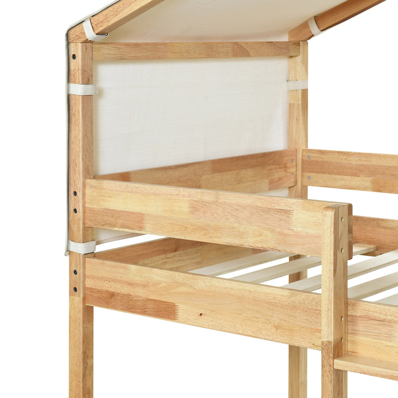 Twin Over Twin Bunk Bed Wood Bed with Tent, Natural