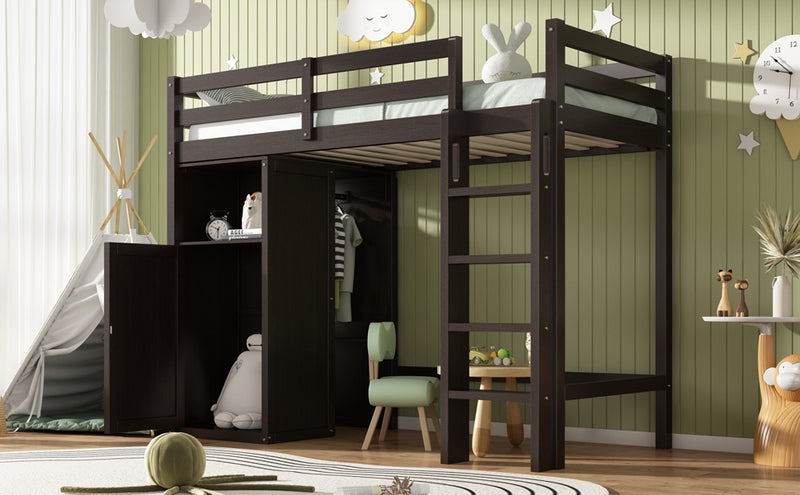 Twin Loft Bed with Wardrobe, Storage Shelves and Ladder, Espresso