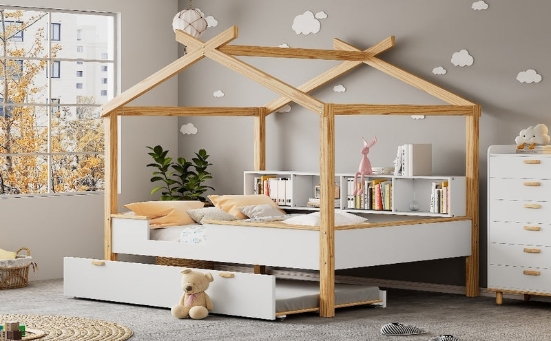 White Full Size Wooden House Bed with Original Wood Colored Frame Twin Size Trundle and Bookshelf Storage Space for Children or Guest Room