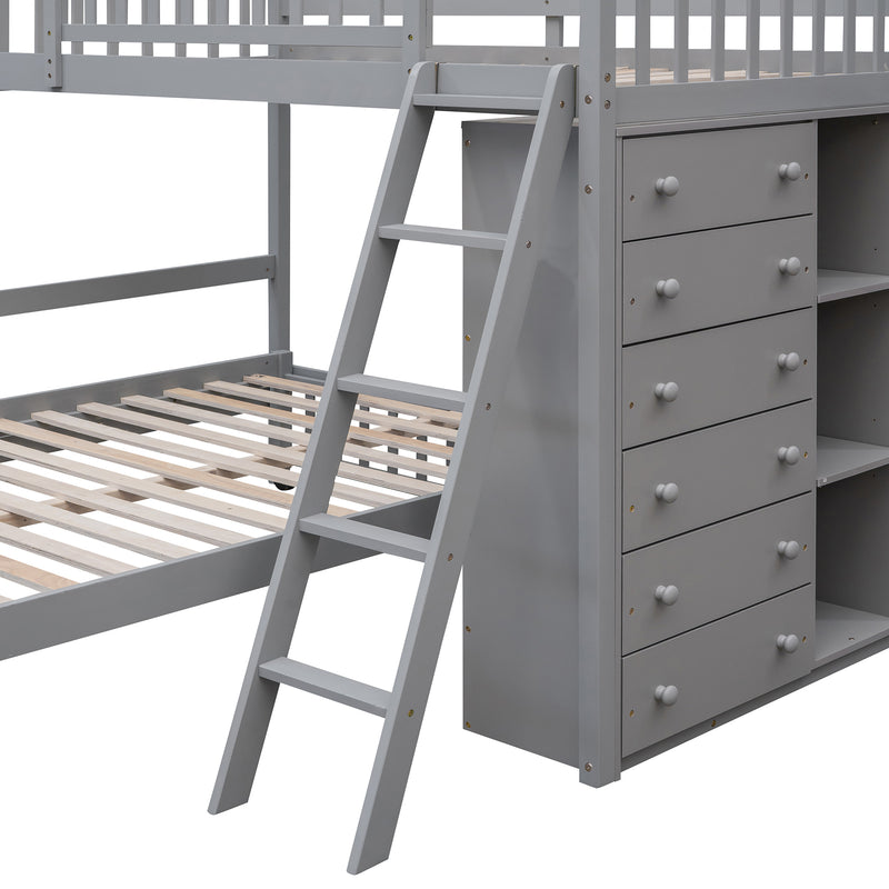 Wooden Twin Over Full Bunk Bed With Six Drawers And Flexible Shelves,Bottom Bed With Wheels,Gray(OLD SKU:LP000531AAE)