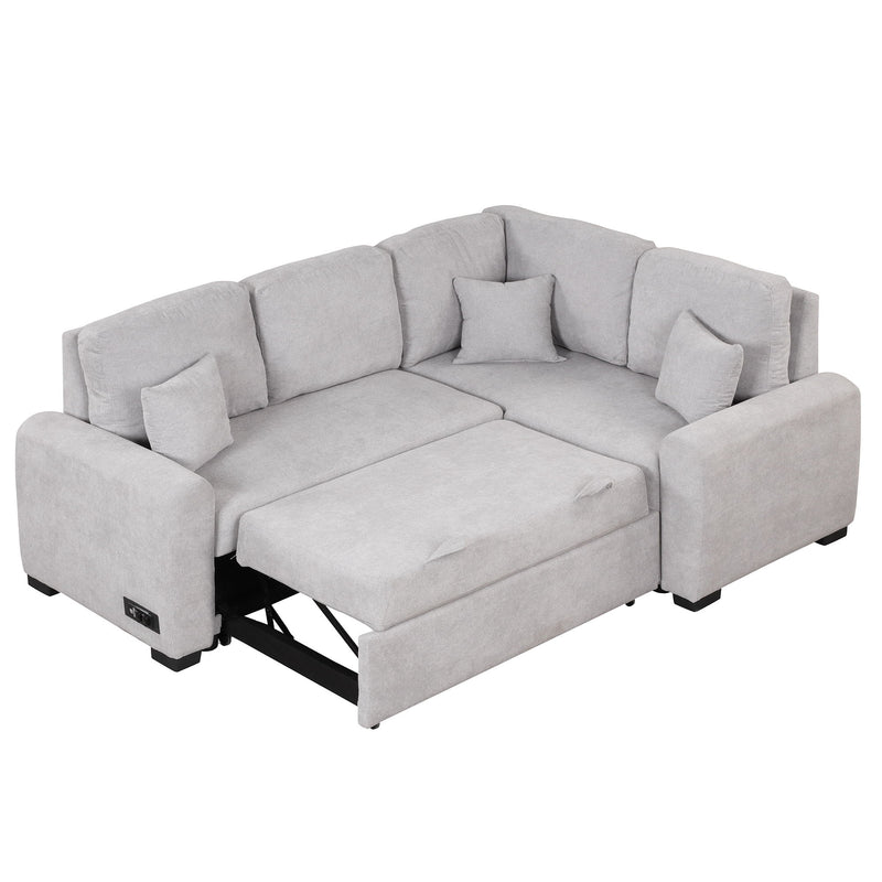 Sectional Sleeper Sofa With USB Charging Port And Plug Outlet, Pull-Out Sofa Bed With 3 Pillows, L-Shape Chaise For Living Room Small Apartment