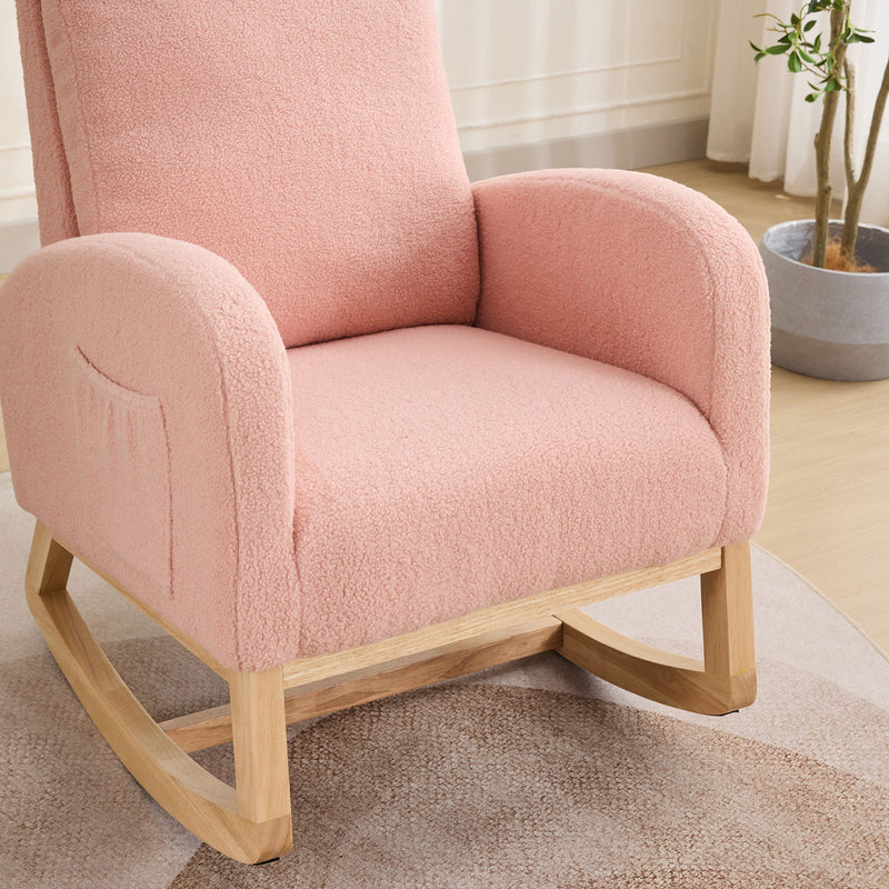 Rocking Chair For Nursery, Sherpa Glider Chair With High Back And Side Pocket, Rocking Accent Armchair With Rubber Wood Legs For Living Room / Bedroom