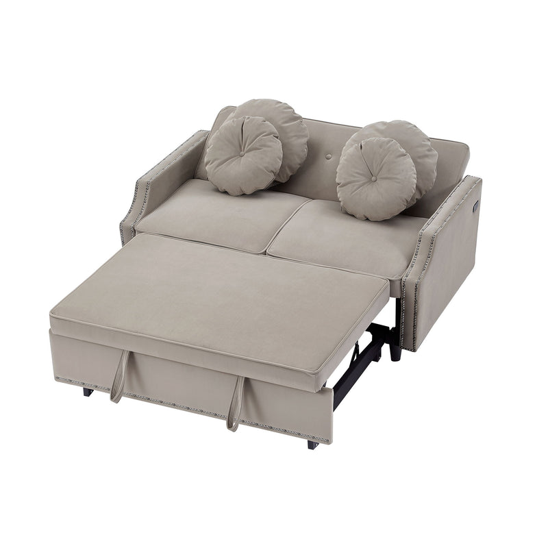 Multiple Adjustable Positions Sofa Bed Stylish Sofa Bed With A Button Tufted Backrest, Two USB Ports And Four Floral Lumbar Pillows For Living Room, Bedroom, Or Small Space