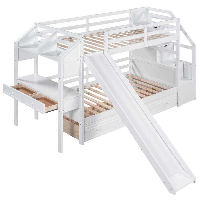 Twin over Twin Bunk Bed with Storage Staircase, Slide and Drawers, Desk with Drawers and Shelves, White