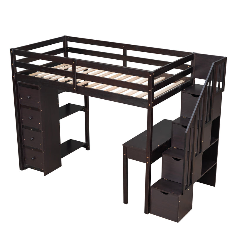 Twin size Loft Bed with Storage Drawers ,Desk and Stairs, Wooden Loft Bed with Shelves - Espresso