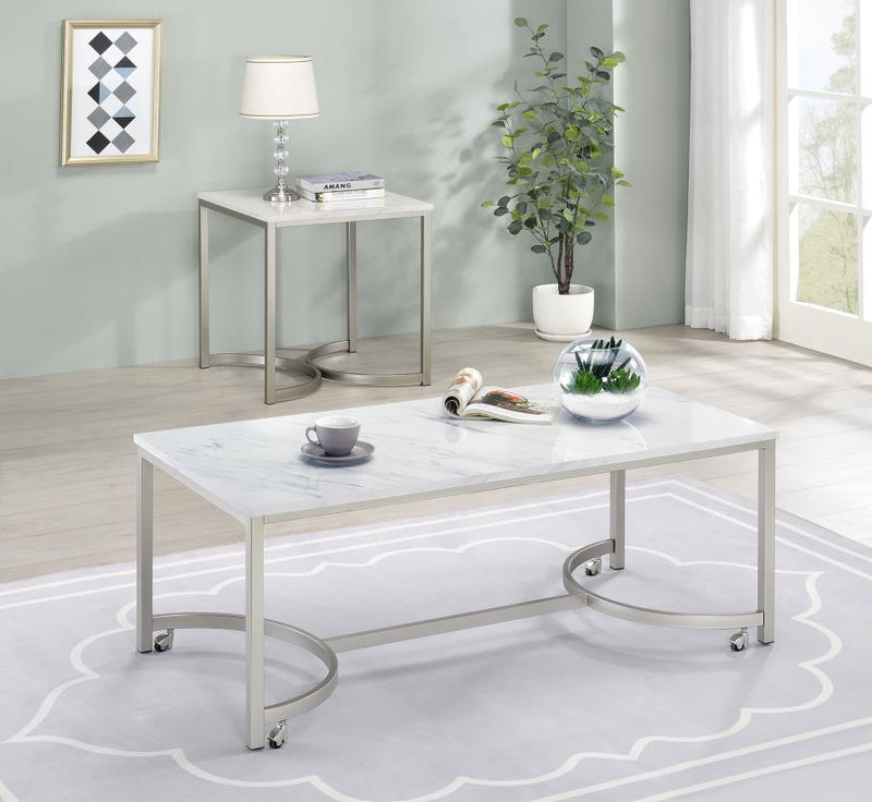 Leona - Faux Marble Square End Table - White And Satin Nickel