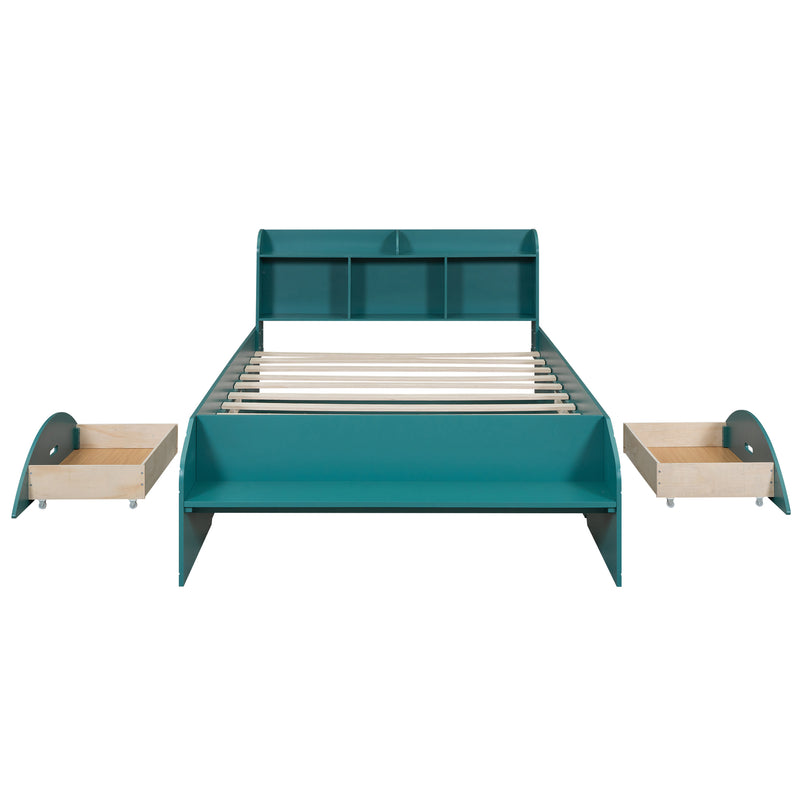 Wood Full Size Platform Bed with 2 Drawers, Storage  Headboard and Footboard, Dark Green