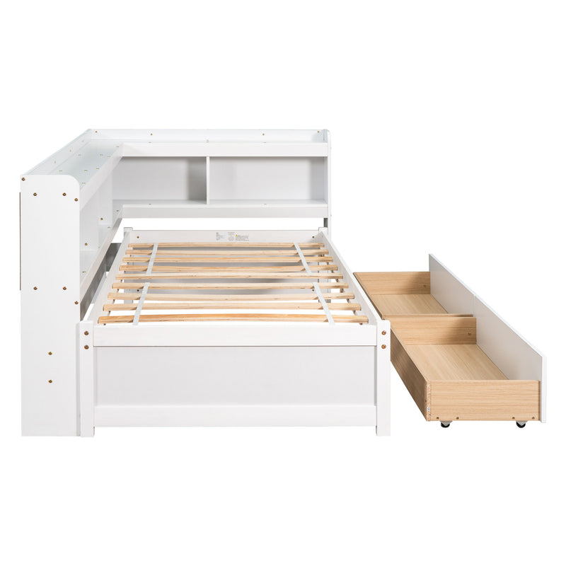 Twin Bed With L-Shaped Bookcases, Drawers - White