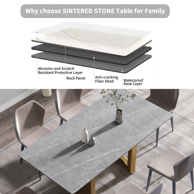 70.87" Modern Artificial Stone Gray Straight Edge Golden Metal Leg Dining Table - Gray / Gold