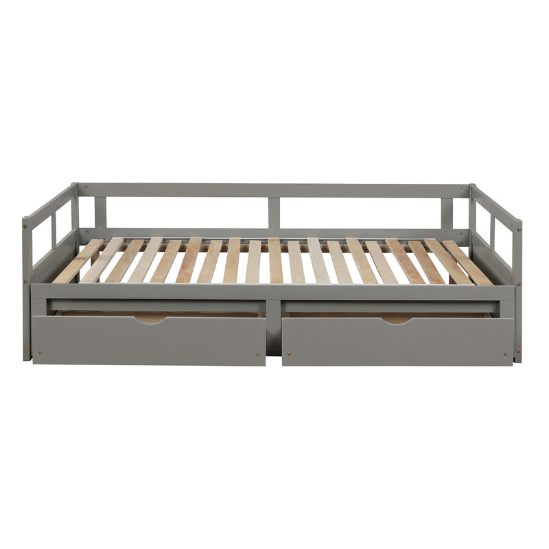 Wooden Daybed with Trundle Bed and Two Storage Drawers , Extendable Bed Daybed,Sofa Bed for Bedroom Living Room, Gray