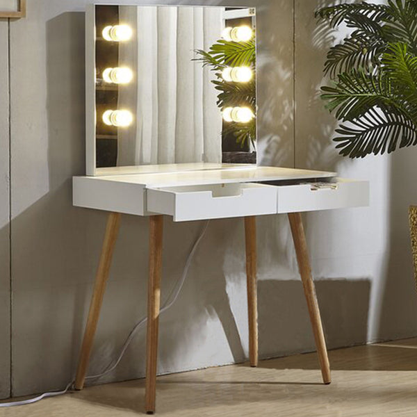 Wooden Vanity Table, Makeup Dressing Desk With LED Light, Dressing Table With USB Port - White