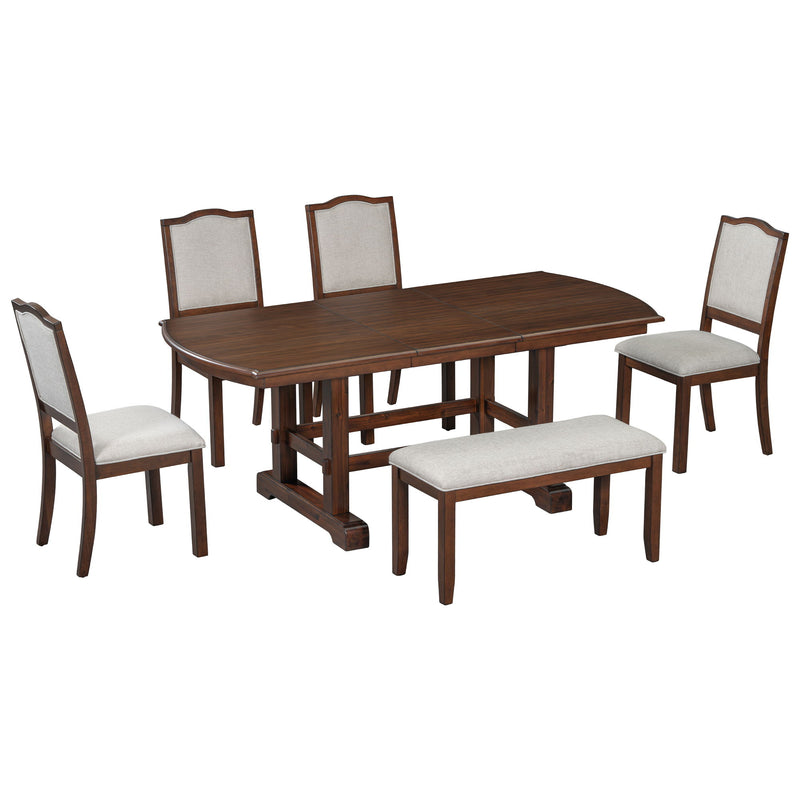 Extendable Wood Dining Table With Removable Leaf, Kitchen Table Set With 4 Upholstered Side Chair And Bench, Dining Table Set For 6 - Cherry