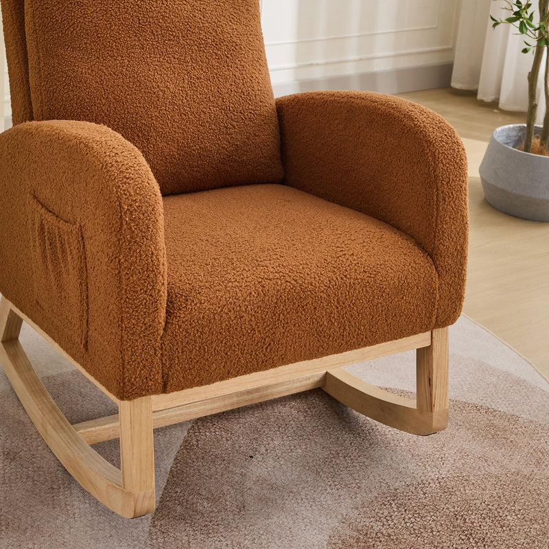 Rocking Chair For Nursery, Sherpa Glider Chair With High Back And Side Pocket, Rocking Accent Armchair With Rubber Wood Legs For Living Room / Bedroom