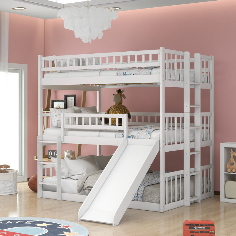 Full Over Full Over Full Triple Bed With Built In Ladder And Slide, Triple Bunk Bed With Guardrails - White