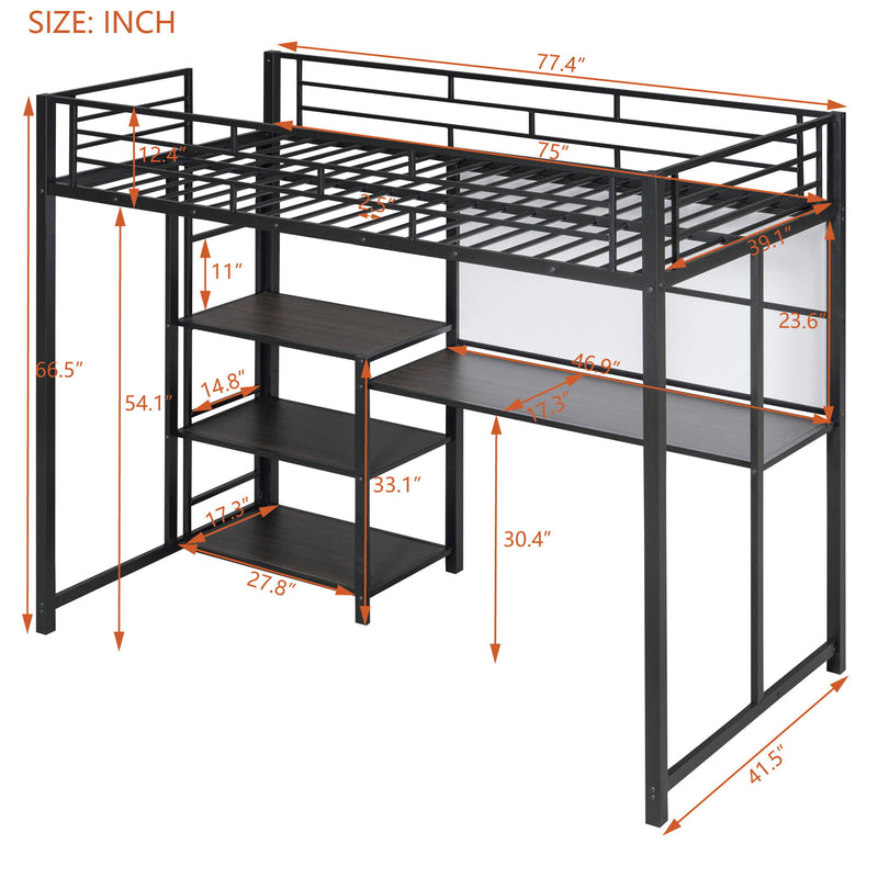 Loft Bed With Desk And Whiteboard, Metal Loft Bed With 3 Shelves And Ladder