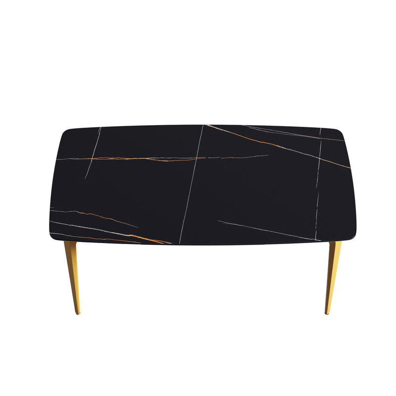 63" Modern Artificial Stone Black Curved Golden Metal Leg Dining Table, 6 People - Black / Gold