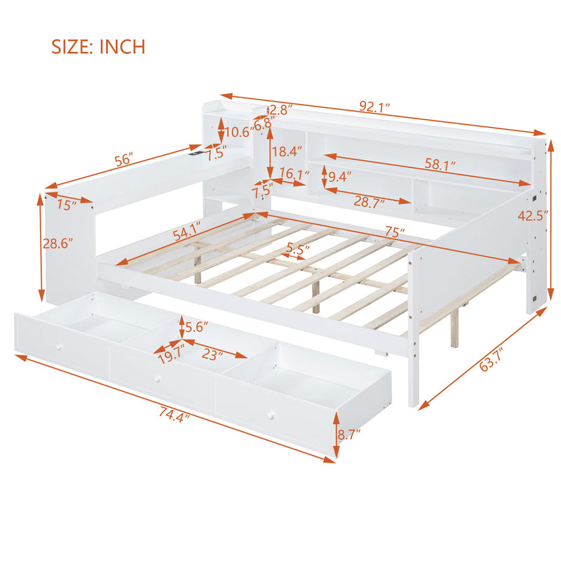 Full Size Wooden Daybed With 3 Drawers, USB Ports And Desk - White