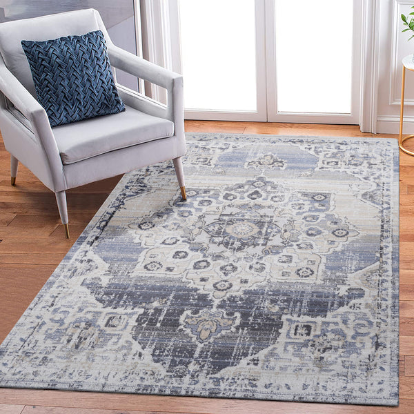 5' x 7' Medallion Non-Shedding Living Room Bedroom Dining Home Office Stylish And Stain Resistant Area Rug - Cream / Blue