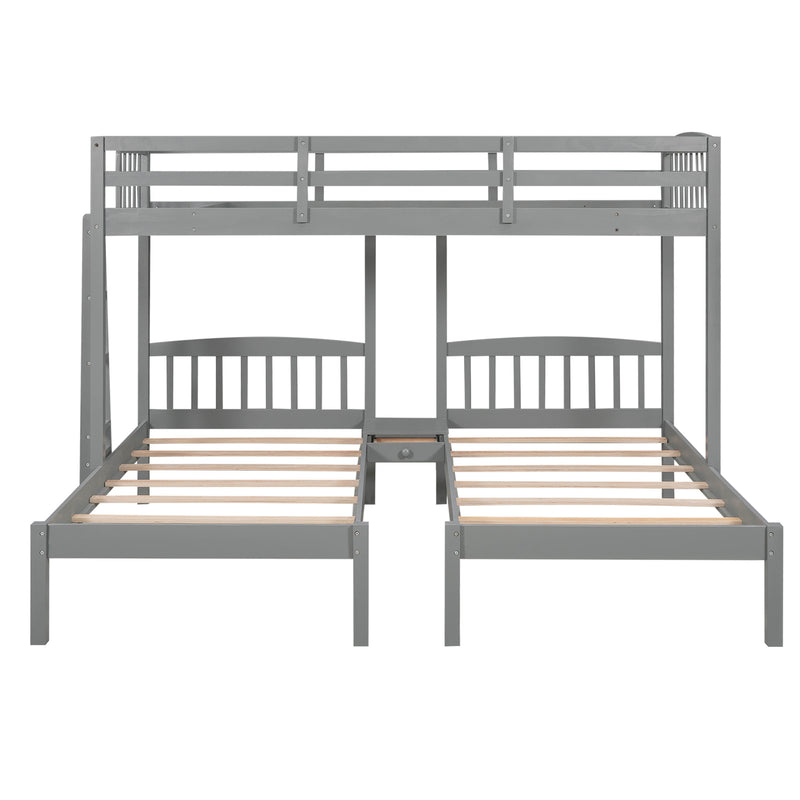 Twin over Twin & Twin Bunk Bed with Built-in Middle Drawer, Gray