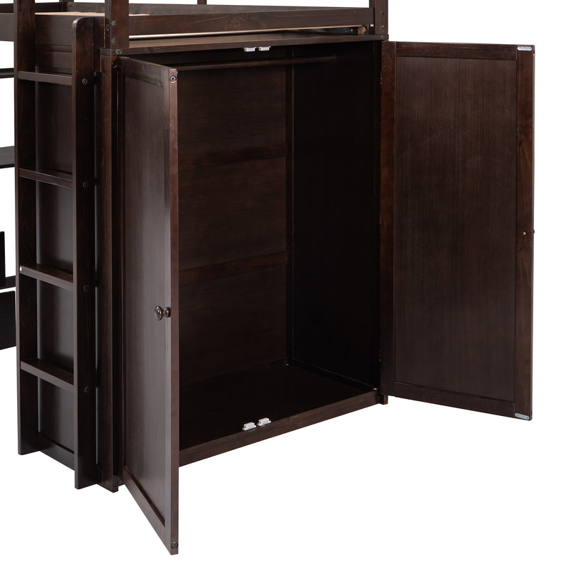 Twin size Loft Bed with Drawers,Desk,and Wardrobe-Espresso