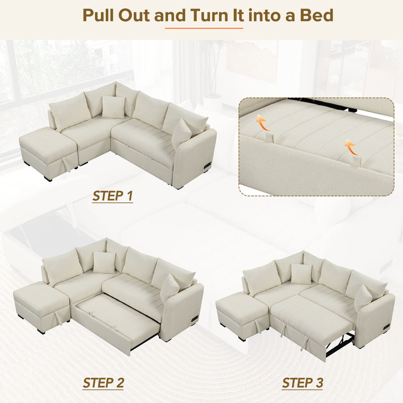 L-Shaped Sectional Pull Out Sofa Bed Sleeper Sofa With Two USB Ports, Two Power Sockets And A Movable Storage Ottoman