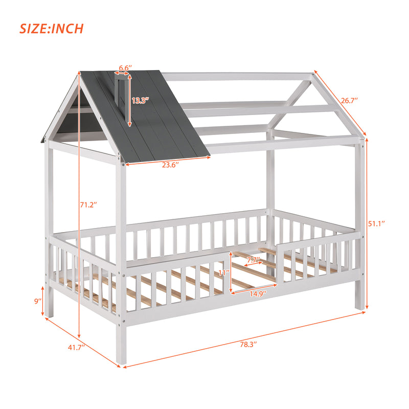 Twin Size Wood House Bed with Fence, White+Gray