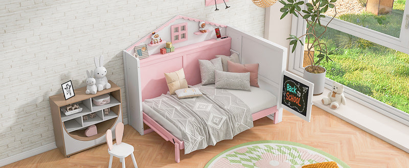 Wood Twin Size House Murphy Bed with USB, Storage Shelves and Blackboard, Pink+White