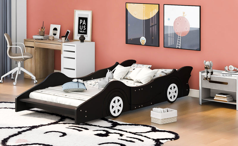 Twin Size Race Car-Shaped Platform Bed with Wheels,Black