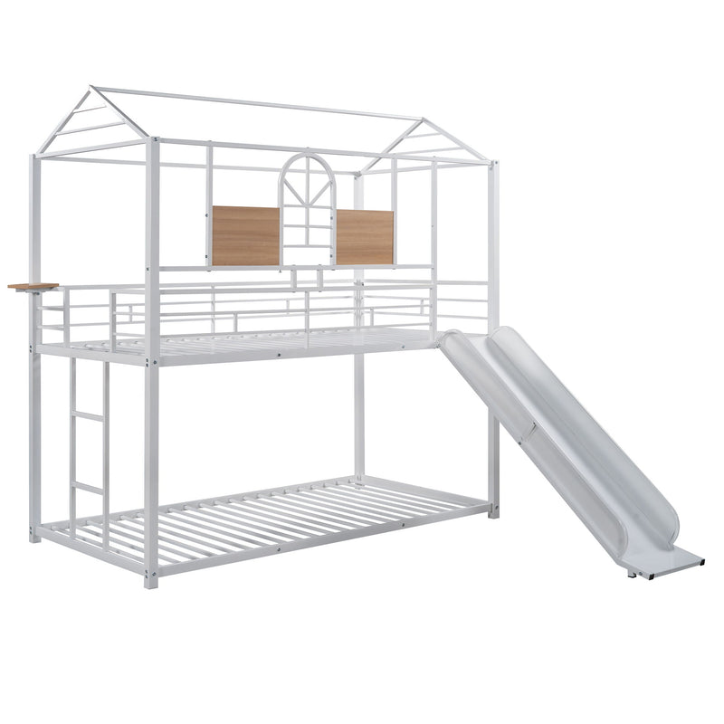 Twin Over Twin Metal Bunk Bed, Metal Housebed With Slide, Three Colors Available