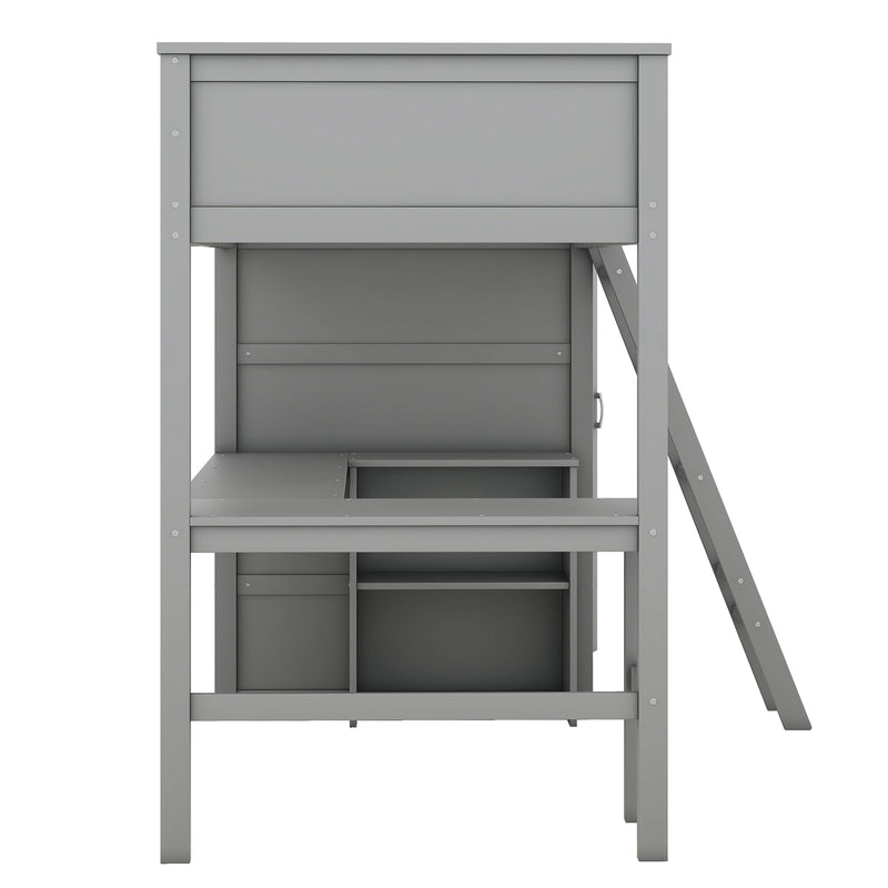 Twin size Loft Bed with Desk, Shelves and Wardrobe-Gray