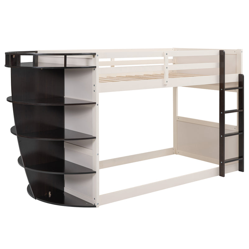 Twin over Twin Boat-Like Shape Bunk Bed with Storage Shelves, Cream+Espresso