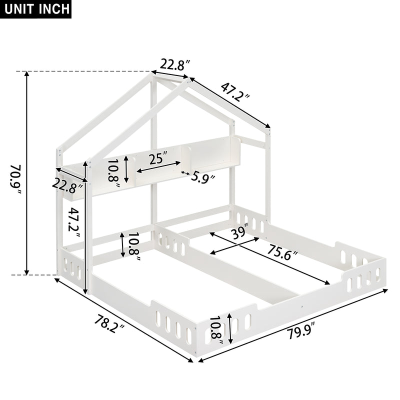 Wood Twin Size House Platform Beds,Two Shared Beds with Shelves and Guardrail, Creamy White