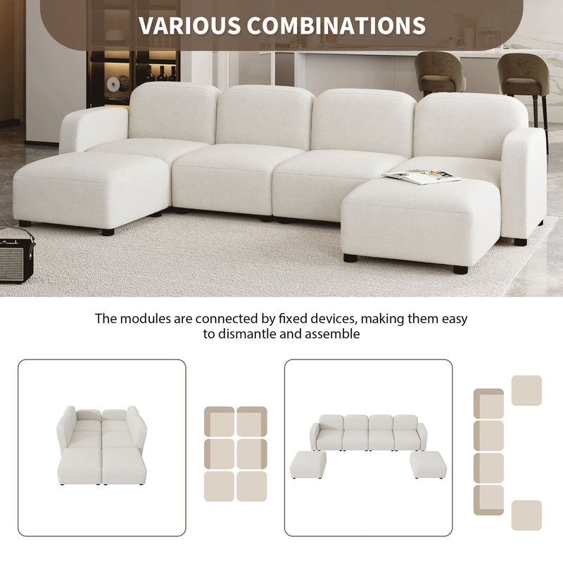 Velvet Modular Sectional Sofa, U Shaped Reversible Couch Set, Free Combination, 6 Seat Sleeper Cloud Sofa Bed With Ottoman, Convertible Oversized Indoor Furniture Pieces For Living Room - Beige