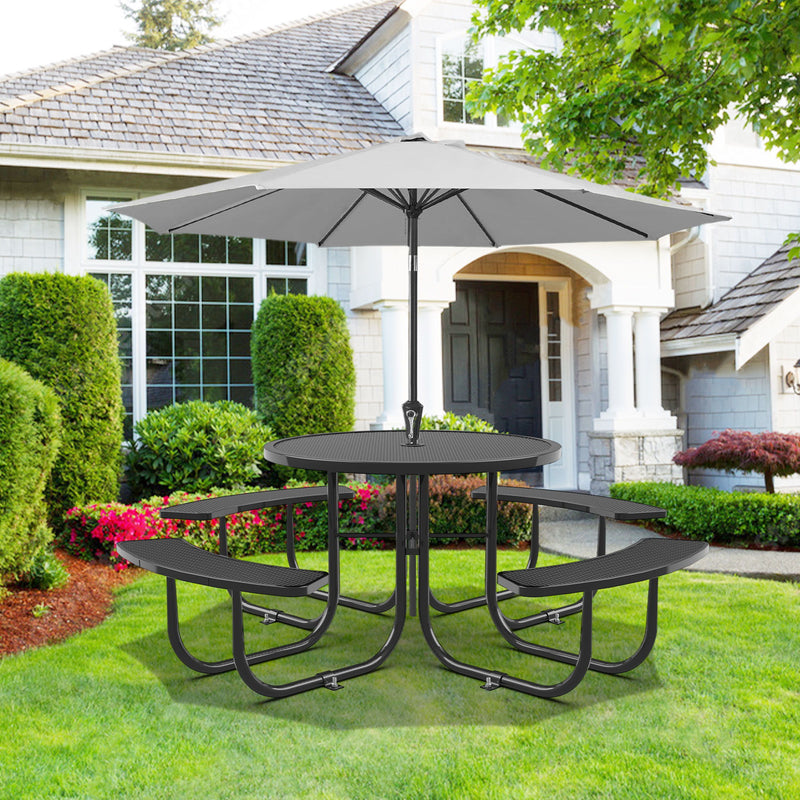 Round Outdoor Steel Picnic Table With Umbrella Pole - Black