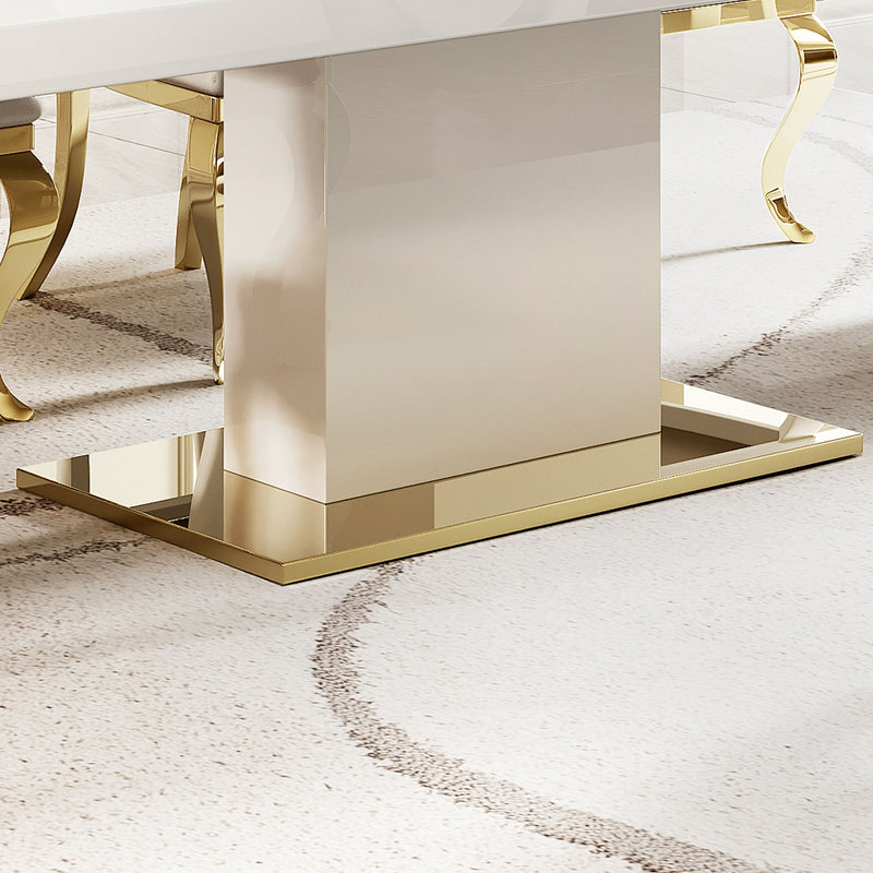 MDF Top Dining Table With Gold Finish Corner, MDF Pillar And Gold Finish Stainless Steel Base