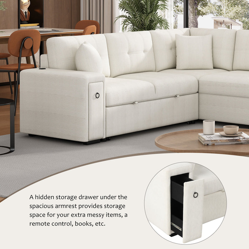 Sectional Sofa L-Shaped Sofa Couch Pull-Out Sofa Bed With A Movable Ottoman, Two USB Ports And Two Cup Holders For Living Room