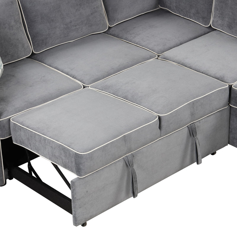 L-Shaped Pull Out Sofa Bed Modern Convertible Sleeper Sofa With 2 USB Ports, 2 Power Sockets And 3 Pillows For Living Room