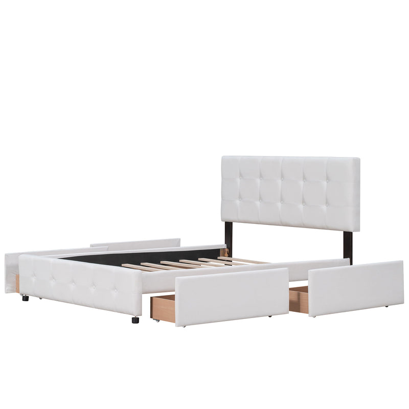 Queen Size Upholstered Platform Bed With Classic Headboard And 4 Drawers, No Box Spring Needed - White