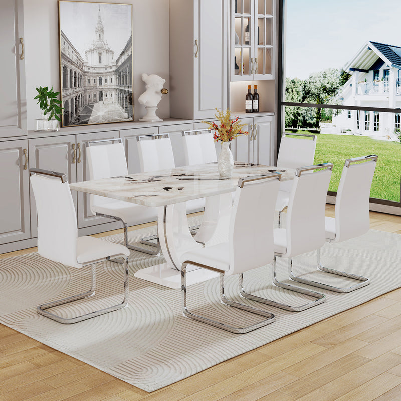 Table and chair set, modern minimalism and luxurious white rectangular pattern dining table.  Soft and comfortable dining chair, for dining room, living room, terrace and kitchen.