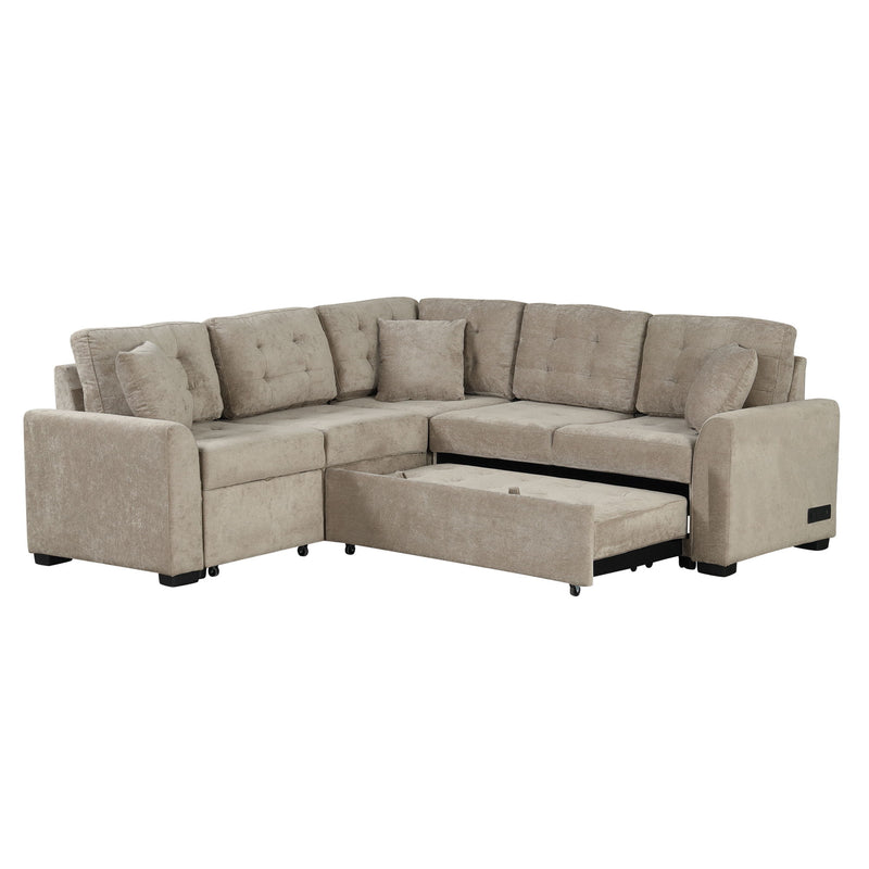 L-Shape Sofa Bed Pull-Out Sleeper Sofa With Wheels, USB Ports, Power Sockets For Living Room