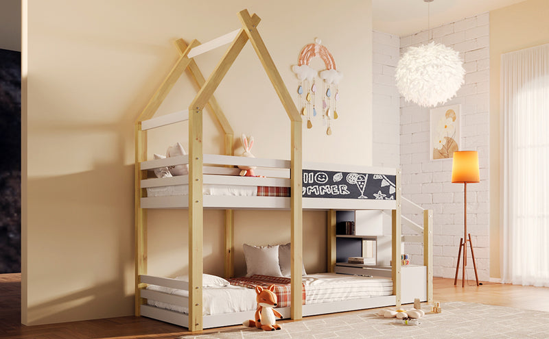 Twin over Twin House Bunk Bed with White Storage Staircase and Blackboard, White and Natural