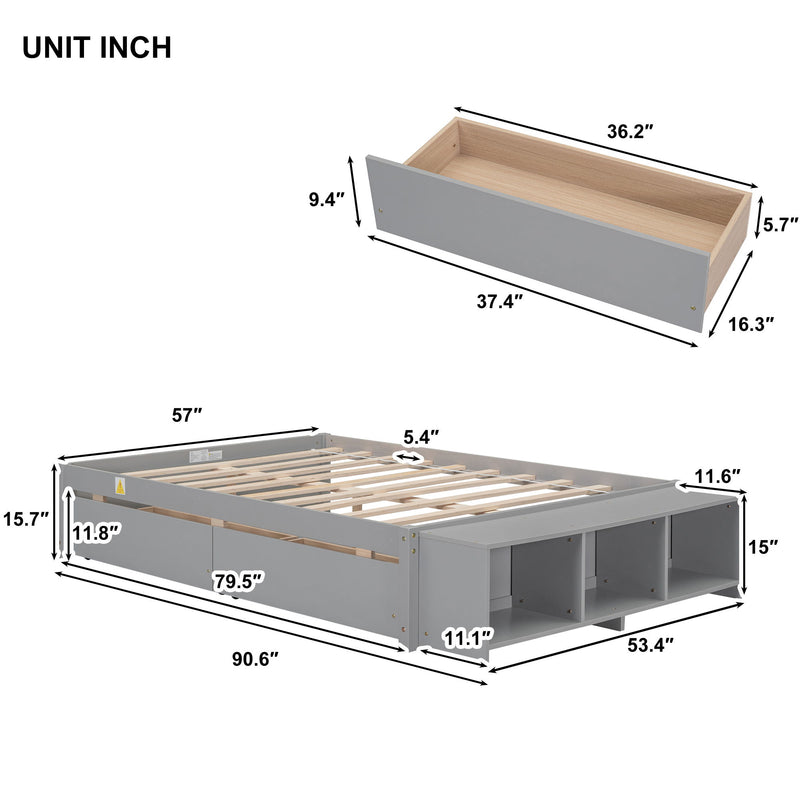 Full Size Bed With Storage Case, 2 Storage Drawers, Lengthwise Support Slat - Gray