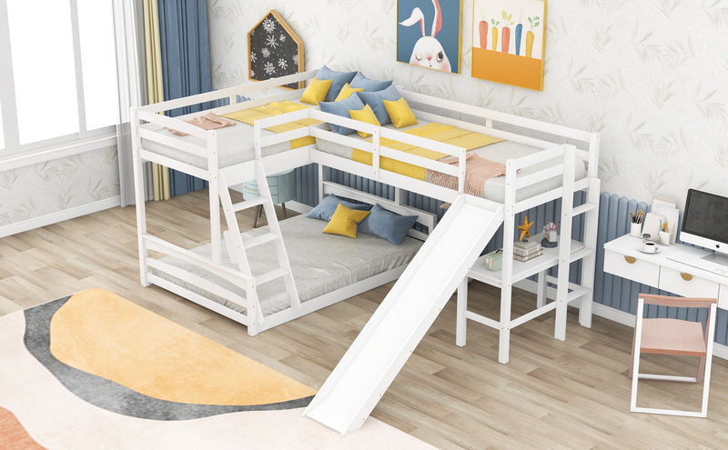 Twin over Full Bunk Bed with Twin Size Loft Bed with Desk and Slide,Full-Length Guardrail, White