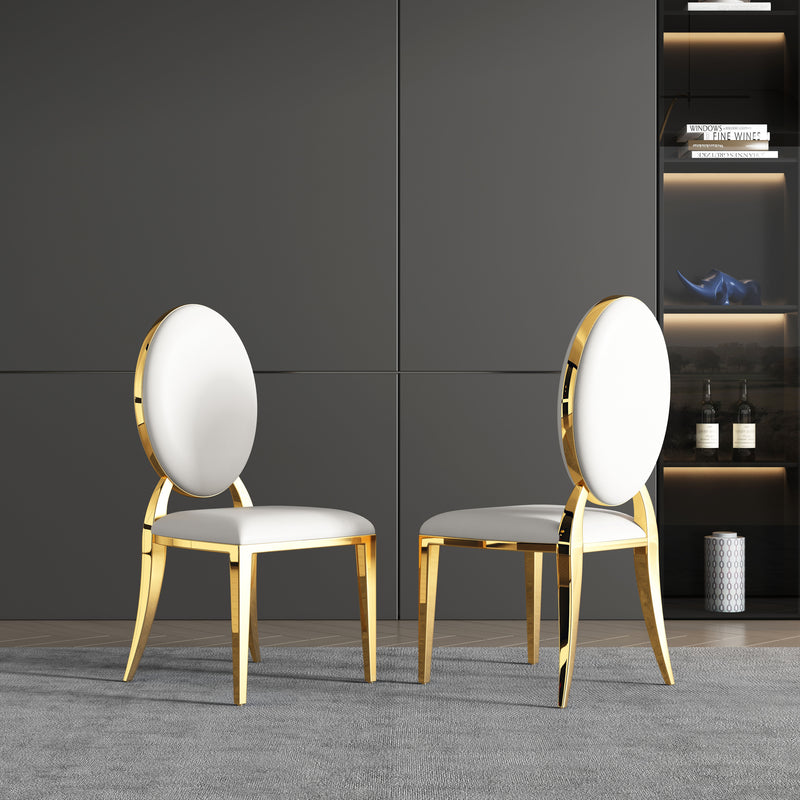 Leatherette Dining Chair (Set of 2), Oval Backrest Design And Stainless Steel Legs - White / Gold