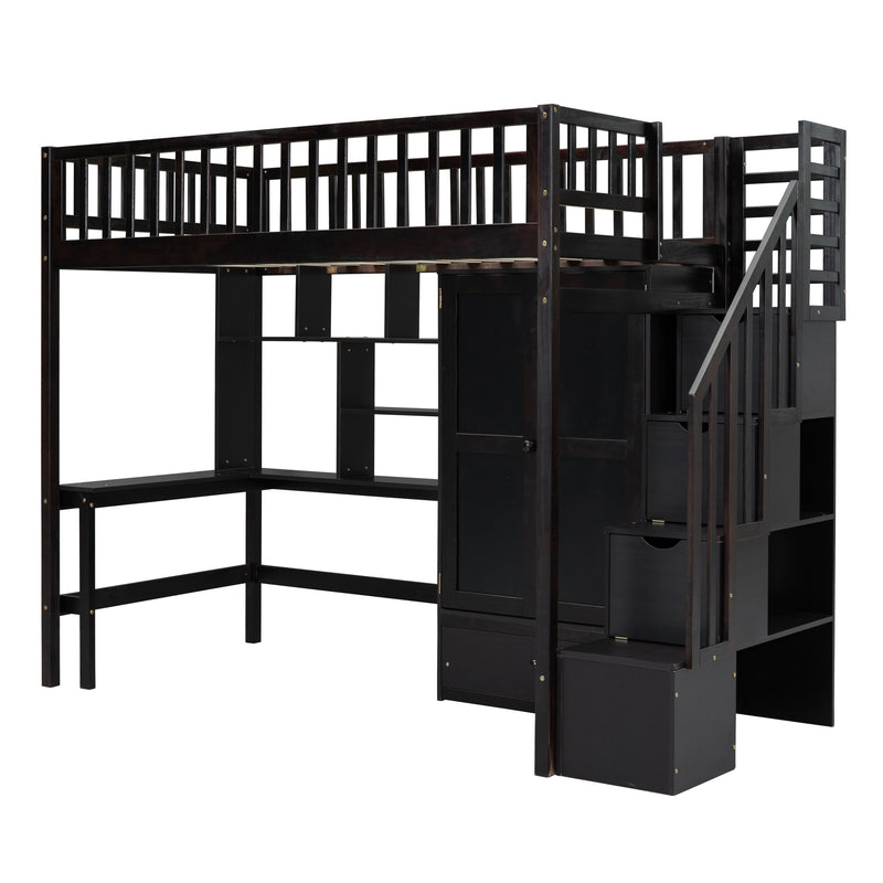 Twin size Loft Bed with Bookshelf,Drawers,Desk,and Wardrobe-Espresso