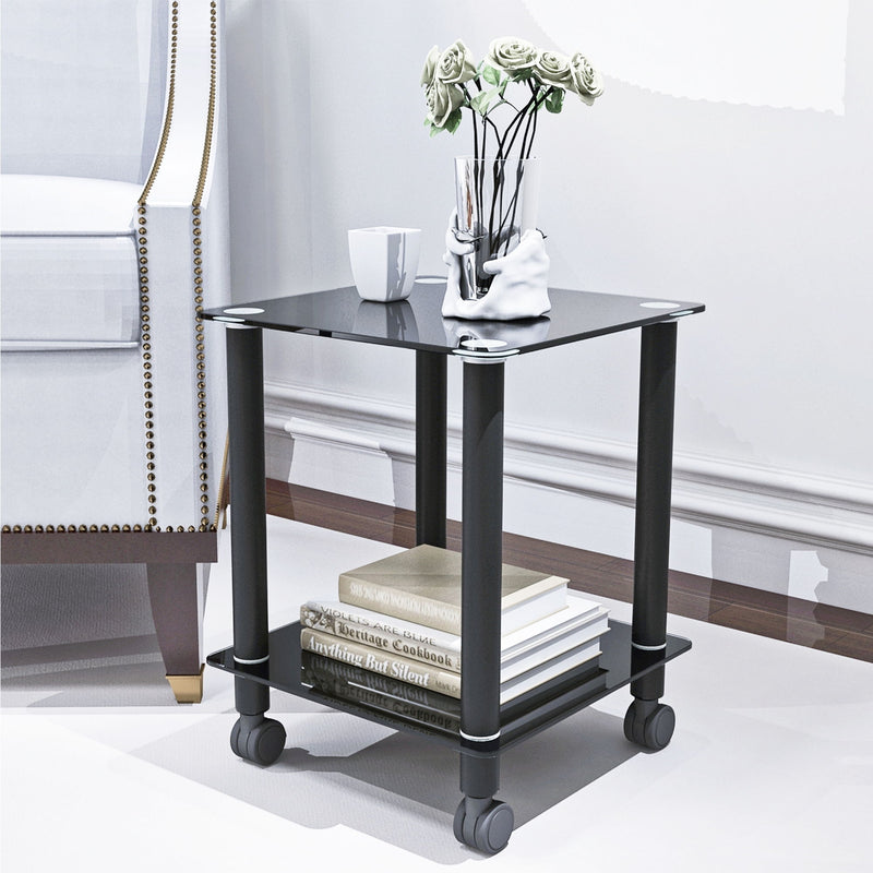 2 Piece Side Table, 2 Tier Space End Table, Modern Night Stand, Sofa Table, Side Table With Storage Shelve - Black