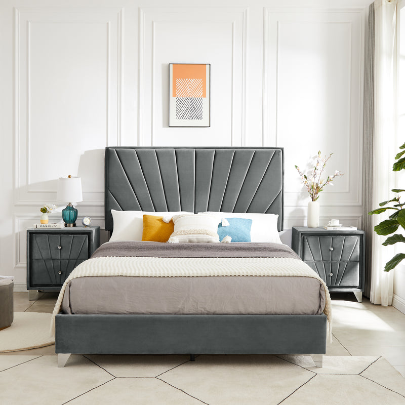 B108 Queen bed with two nightstands, Beautiful line stripe cushion headboard , strong wooden slats + metal legs with Electroplate