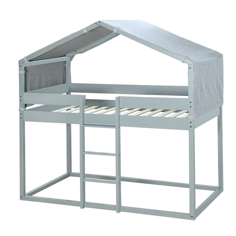 Twin Over Twin Bunk Bed Wood Bed with Tent, Gray