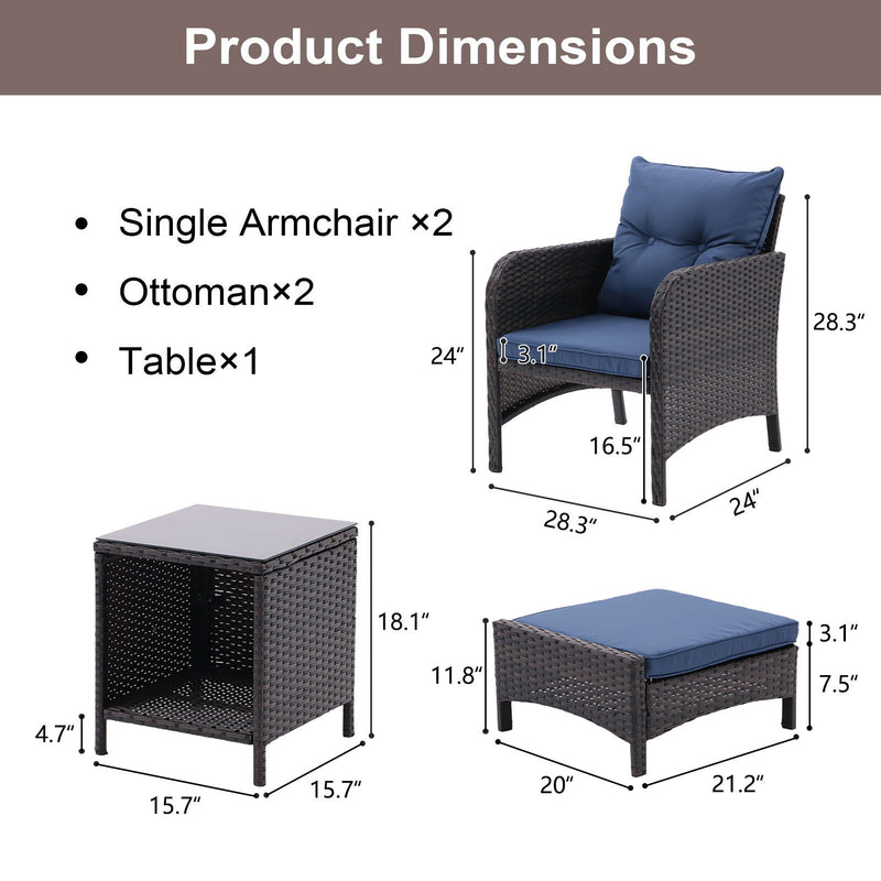 5 Piece Outdoor Patio Furniture Set, All Weather PE Rattan Conversation Chairs With Armrest And Removable Cushions, Ottomans And Storage Coffee Table For Poolside Garden Balcony