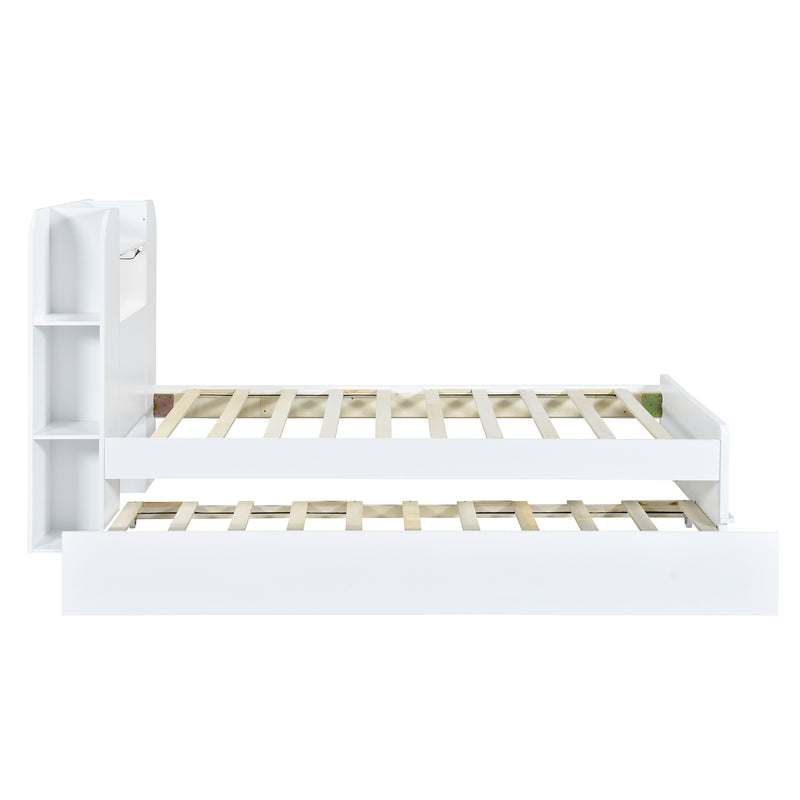 Twin Size Storage Platform Bed Frame with with Trundle and Light Strip Design in Headboard,White